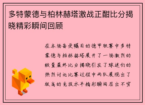 多特蒙德与柏林赫塔激战正酣比分揭晓精彩瞬间回顾