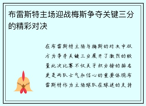 布雷斯特主场迎战梅斯争夺关键三分的精彩对决