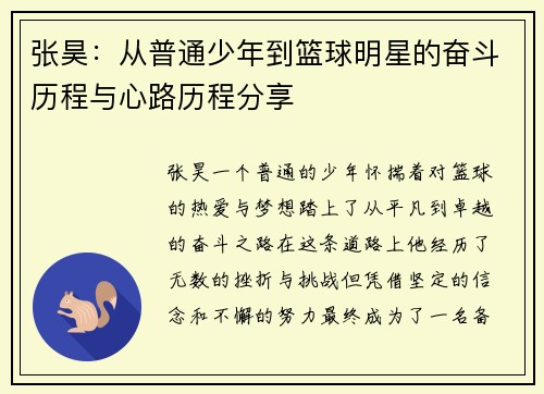 张昊：从普通少年到篮球明星的奋斗历程与心路历程分享